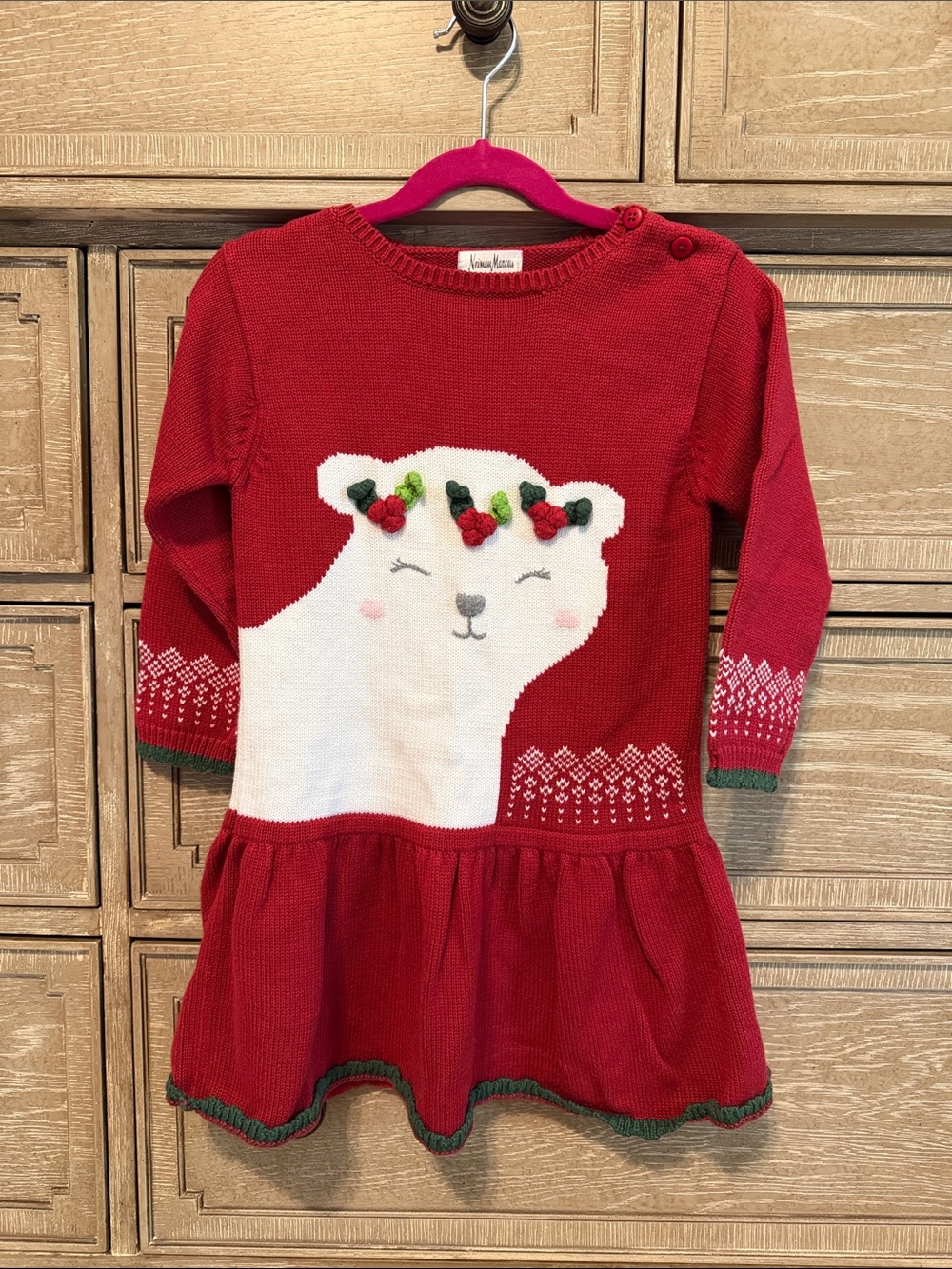 Neiman Marcus Red Holiday Bear Knit Dress with Floral Crown